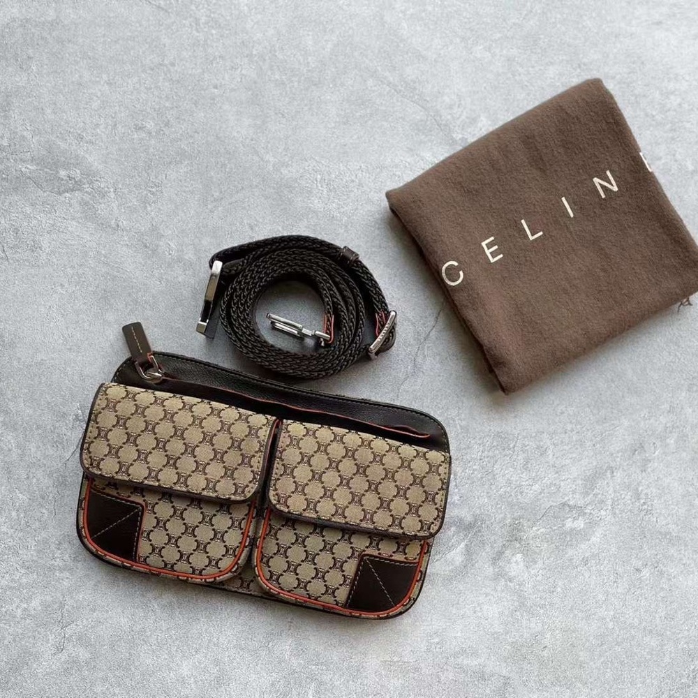 CELINE *Rare* Vintage Waist Bag Canvas Leather Beige Brown Fanny Pack Belt Bag